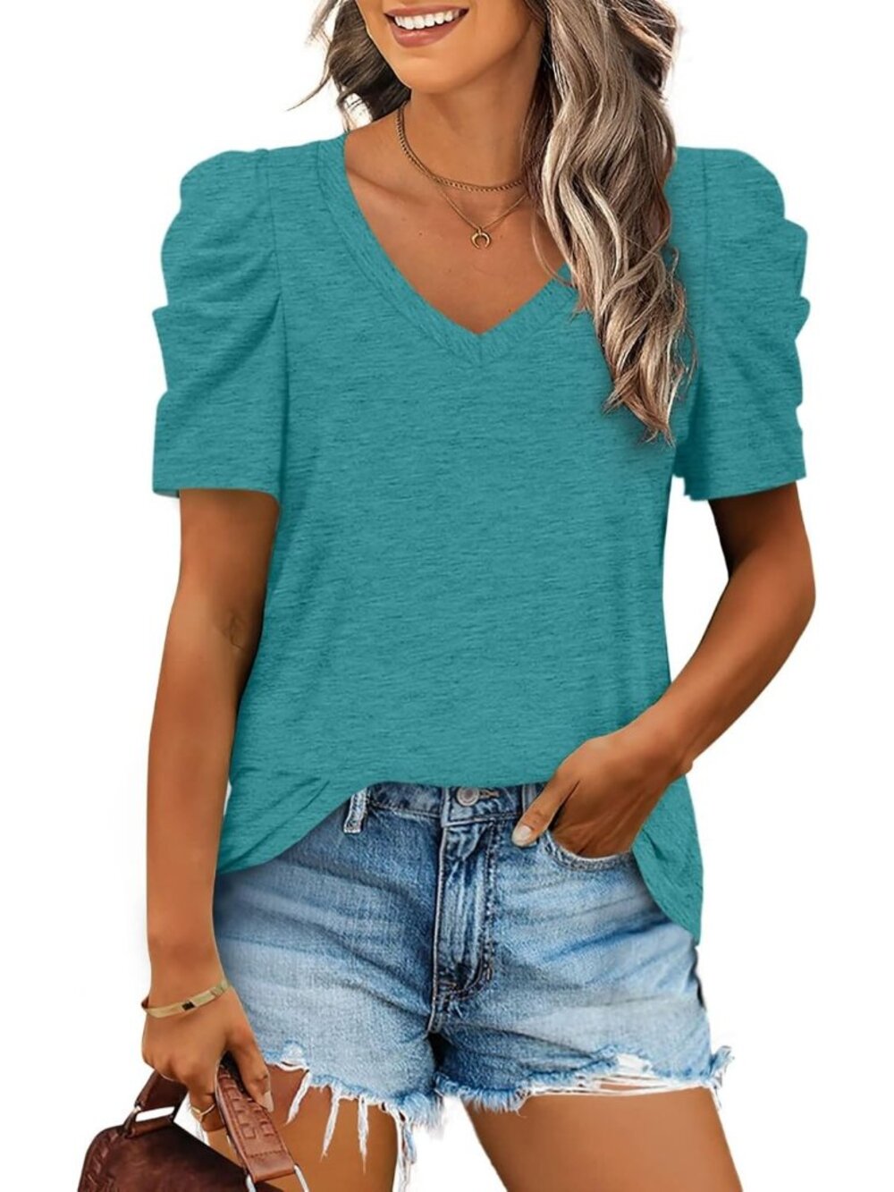 Women's Grey Green Polyester Blend Puff Sleeve V Neck Pull On Henley Shirts
